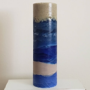 Blue Tan Ivory Beach Pillar Candle l Handcrafted Decorative Beach Pillar Candle For Decor or Gifts