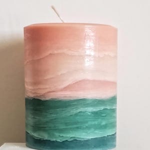 Peach and Jade Green Pillar Candle – Handmade Layered Candle Tropical Palm Home Decor