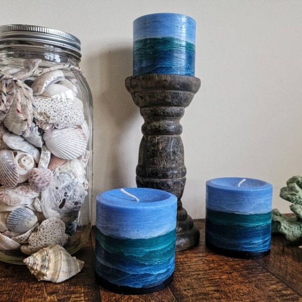 Ocean Blue Aqua Navy Teal Handcrafted Beach Pillar Candle