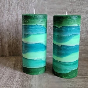 Teal Lime Green Peacock Decorative Beach Pillar Candle