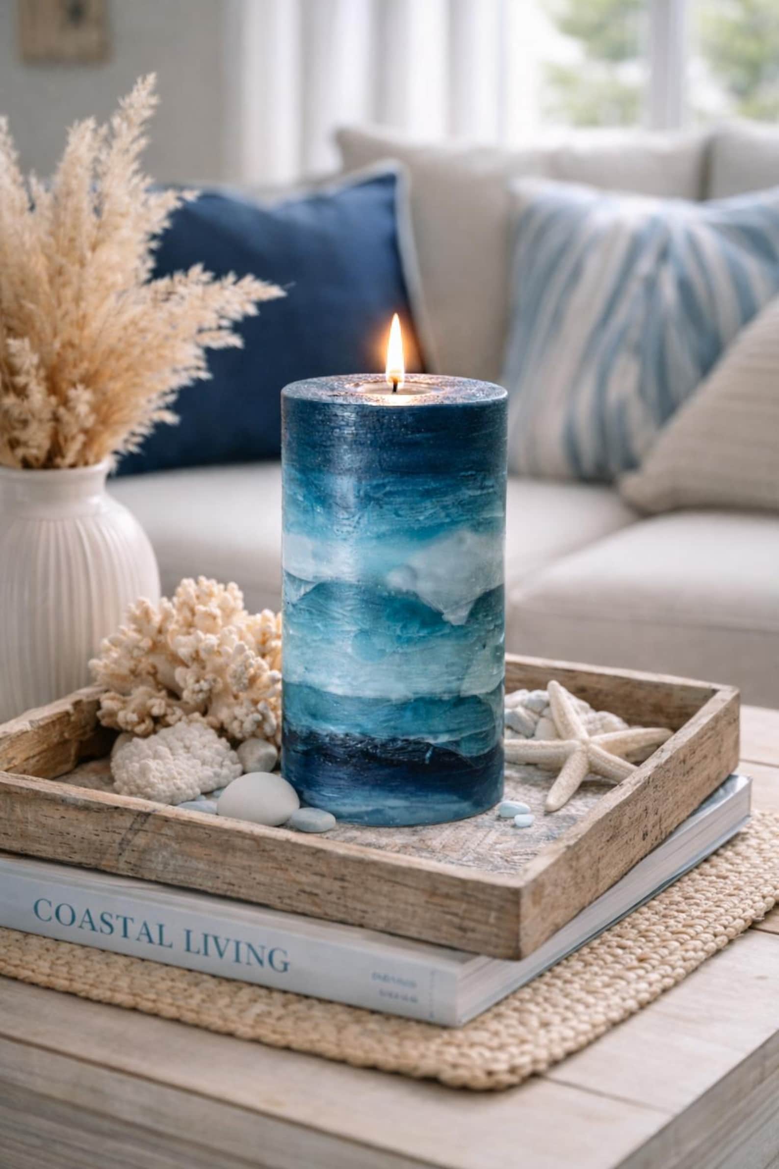 Blue Aqua Beach Pillar Candle