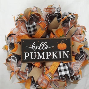 Hello pumpkin wreath,fall wreath,Fall front door wreath,pumpkins,thanksgiving,buffalo plaid wreath,Buffalo check wreath,Fall door decor,Fall