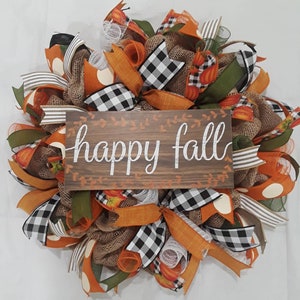 Happy Fall wreath,Fall wreath,Fall wreaths,Autumn wreath,Autumn wreaths,Buffalo  plaid Fall wreath,Fall burlap wreath,Fall decor,Fall burlap