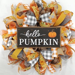 Hello pumpkin, Fall farmhouse wreath,Fall wreath,Fall wreaths,Autumn wreath,Buffalo plaid,Fall buffalo plaid decor,Thanksgiving wreath,Fall