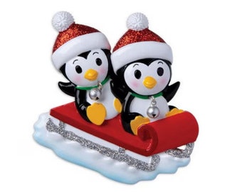 Personalized Christmas Ornament Couple Penguin on Red Sled/Family Christmas  Penguins Ornament/Xmas Ornament Penguins on Sled/Personalized