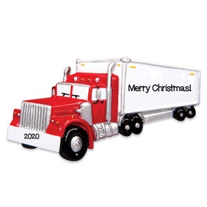 May include: A red and white Christmas ornament shaped like a semi-truck. The truck has black wheels and the text "Merry Christmas!" on the trailer. The year "2020" is printed on the front of the truck.