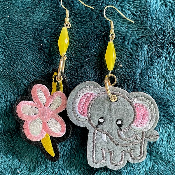 Elephant & Pink Flower Patch Set of Handmade Earrings