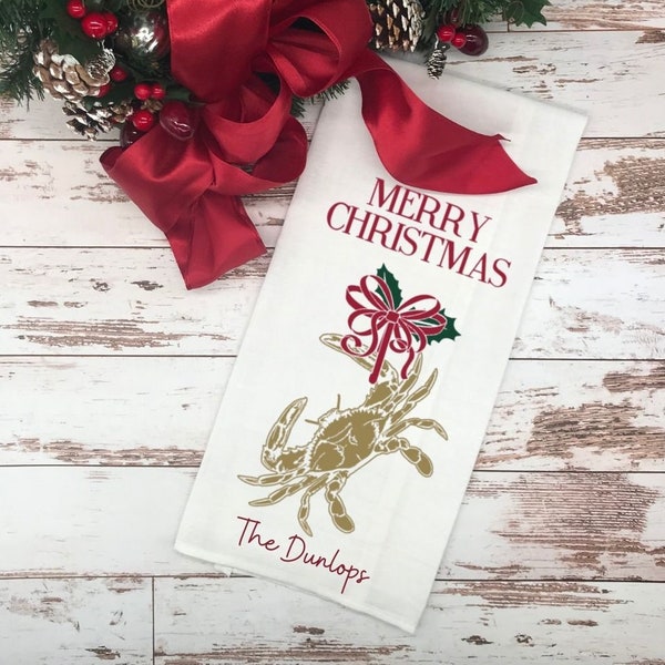 Crab Tea Towel, Personalized Christmas Towel, Christmas Crab Towel, Christmas Tea Towel, Coastal Christmas Kitchen Decor, Christmas Crab