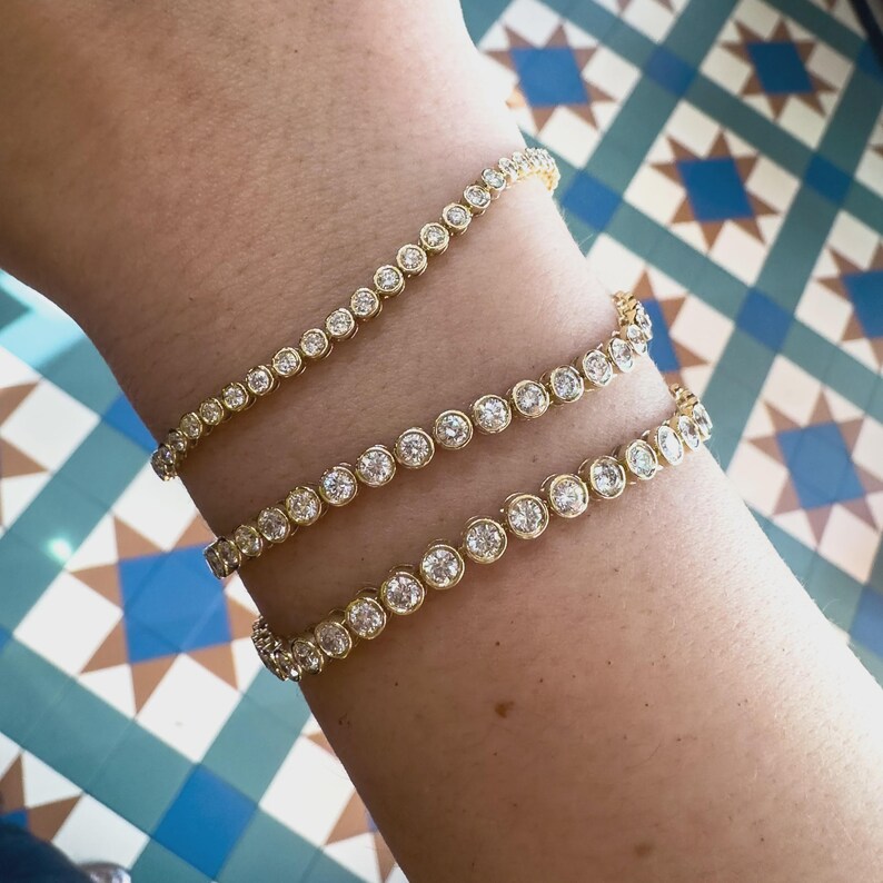 VVS Moissanite Tennis Bracelet with Bezel | 2mm and 3mm Bezel Bracelet | 925 Sterling Silver & 18kt White Gold Plated | Jewelry Gift for Her image 4