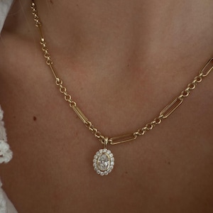 Heirloom Oval Halo Moissanite Pendant | Oval Bezel Set Necklace | Vintage Inspired Diamond Pendant | 14KT Gold Vermeil Gift for Her image 2