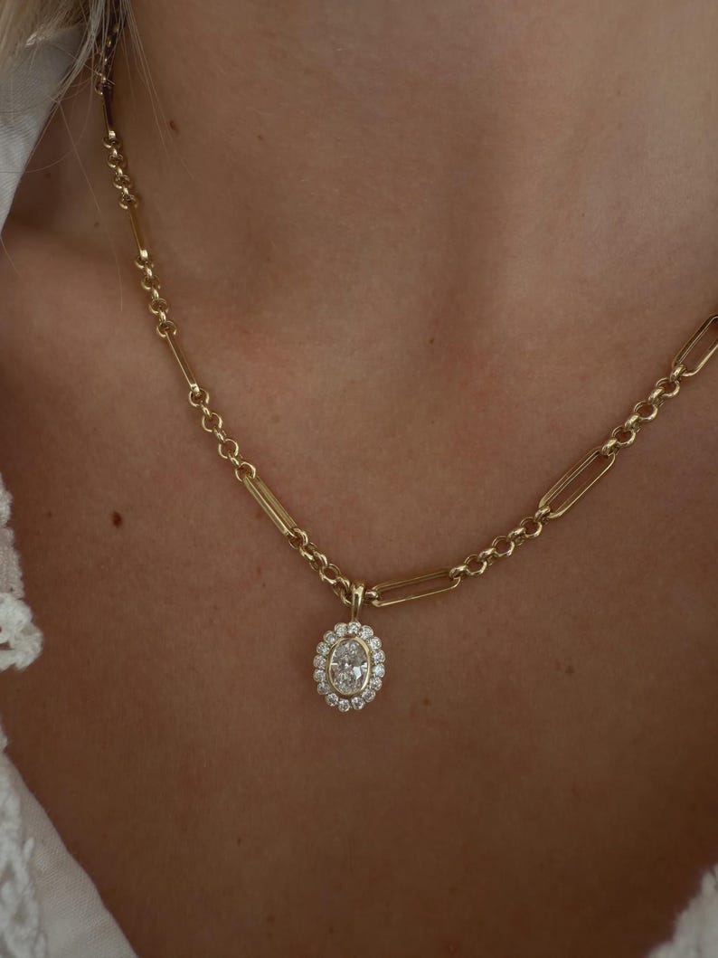 Heirloom Oval Halo Moissanite Pendant | Oval Bezel Set Necklace | Vintage Inspired Diamond Pendant | 14KT Gold Vermeil Gift for Her image 2