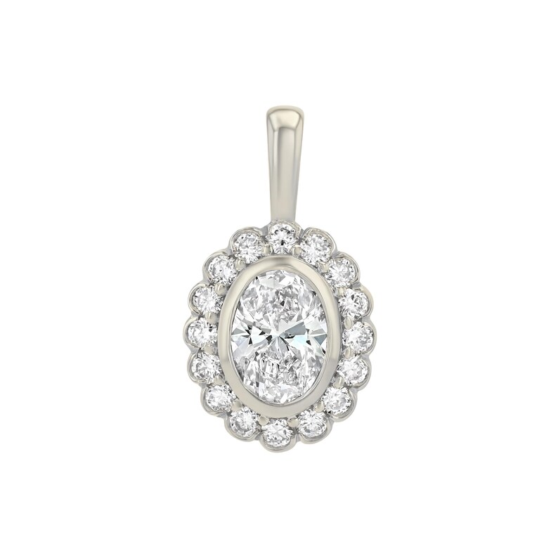 May include: A silver-toned pendant featuring a central oval-cut clear gemstone surrounded by a halo of sixteen small round-cut clear stones. The pendant includes a smooth, vertical bail at the top for attachment to a chain or necklace.