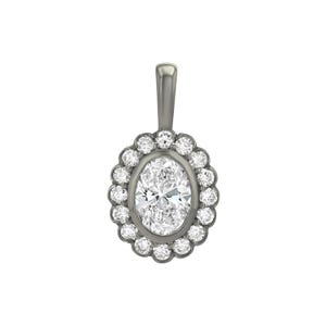 May include: A dark gray metal pendant featuring a central oval-cut clear gemstone surrounded by a halo of sixteen small round-cut clear gemstones. The pendant includes a vertical bail at the top for attachment to a chain or necklace.