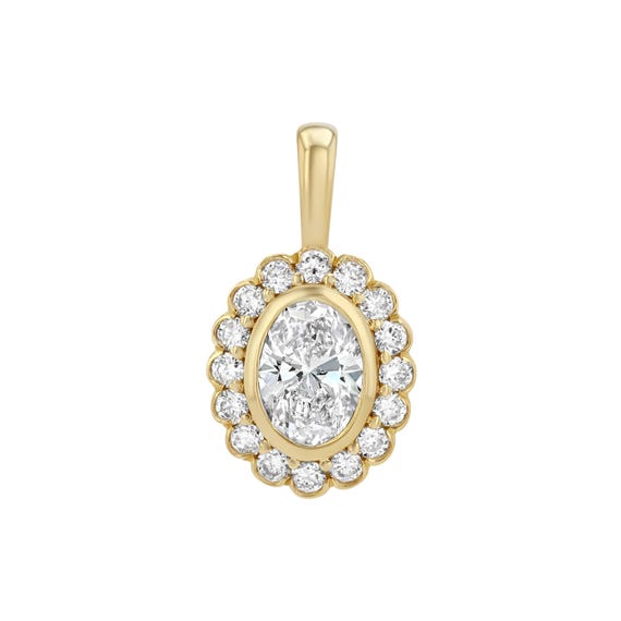 Heirloom Oval Halo Moissanite Pendant | Oval Bezel Set Necklace | Vintage Inspired Diamond Pendant | 14KT Gold Vermeil Gift for Her