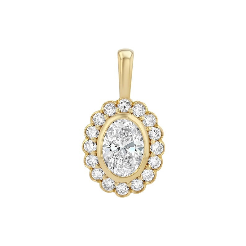 May include: A yellow gold pendant featuring a central oval-cut clear gemstone surrounded by a halo of sixteen small round-cut clear gemstones. The pendant includes a smooth, tapered gold bail at the top for attachment to a chain or necklace.