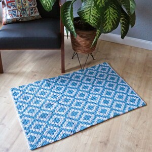 Turquoise and grey bedside rug/ Medium rectangular cotton rug/ Modern Boho style floor covering/ Diamond design runner/ handmade knitted rug image 2