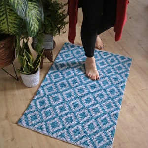 Turquoise and grey bedside rug/ Medium rectangular cotton rug/ Modern Boho style floor covering/ Diamond design runner/ handmade knitted rug image 1