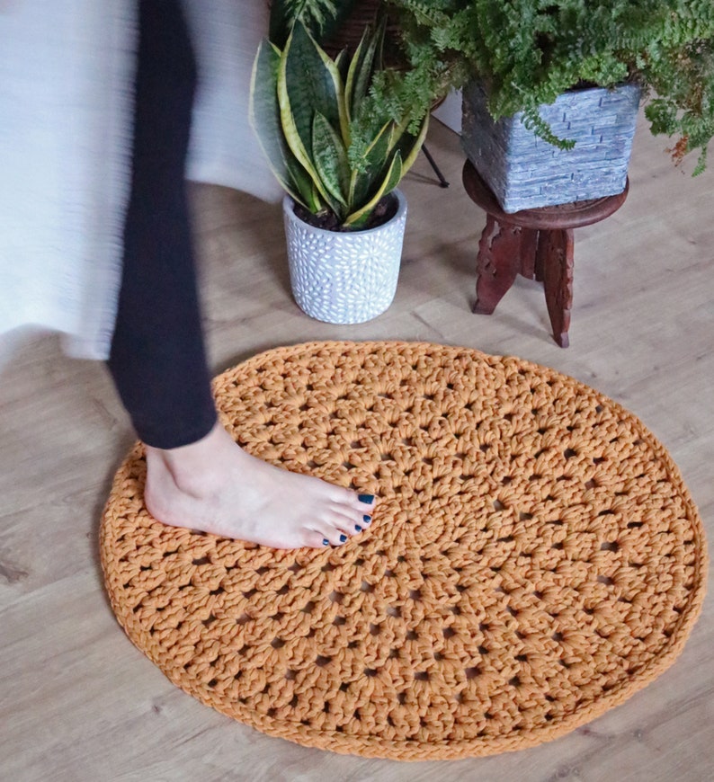 Mustard yellow round rug/ Small mustard bathroom rug/ Round boho