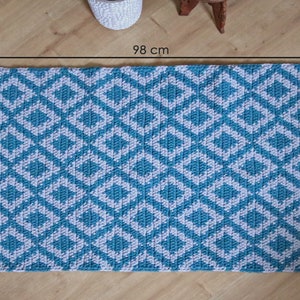 Turquoise and grey bedside rug/ Medium rectangular cotton rug/ Modern Boho style floor covering/ Diamond design runner/ handmade knitted rug image 8