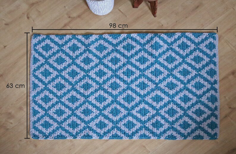 Turquoise and grey bedside rug/ Medium rectangular cotton rug/ Modern Boho style floor covering/ Diamond design runner/ handmade knitted rug image 8