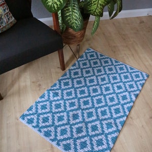 Turquoise and grey bedside rug/ Medium rectangular cotton rug/ Modern Boho style floor covering/ Diamond design runner/ handmade knitted rug image 9