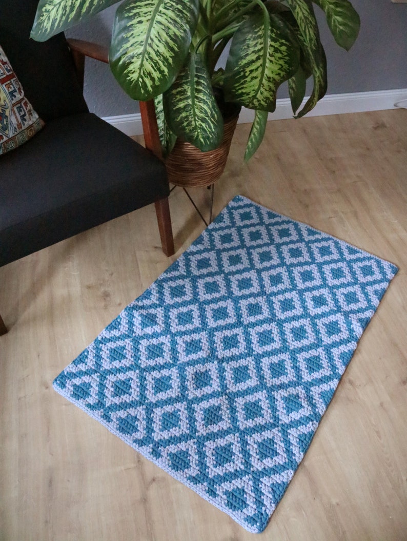 Turquoise and grey bedside rug/ Medium rectangular cotton rug/ Modern Boho style floor covering/ Diamond design runner/ handmade knitted rug image 9