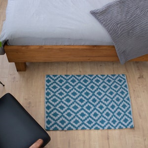 Turquoise and grey bedside rug/ Medium rectangular cotton rug/ Modern Boho style floor covering/ Diamond design runner/ handmade knitted rug image 3
