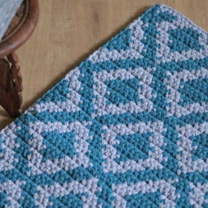 Turquoise and grey bedside rug/ Medium rectangular cotton rug/ Modern Boho style floor covering/ Diamond design runner/ handmade knitted rug image 7