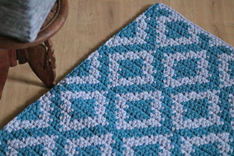 Turquoise and grey bedside rug/ Medium rectangular cotton rug/ Modern Boho style floor covering/ Diamond design runner/ handmade knitted rug image 7