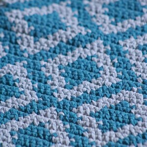 Turquoise and grey bedside rug/ Medium rectangular cotton rug/ Modern Boho style floor covering/ Diamond design runner/ handmade knitted rug image 6