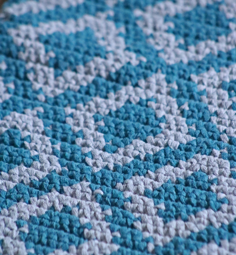 Turquoise and grey bedside rug/ Medium rectangular cotton rug/ Modern Boho style floor covering/ Diamond design runner/ handmade knitted rug image 6