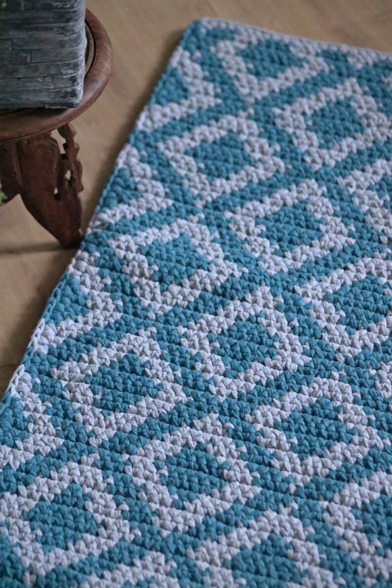 Turquoise and grey bedside rug/ Medium rectangular cotton rug/ Modern Boho style floor covering/ Diamond design runner/ handmade knitted rug image 5