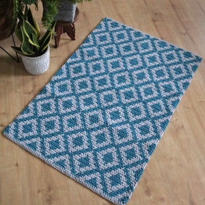 Turquoise and grey bedside rug/ Medium rectangular cotton rug/ Modern Boho style floor covering/ Diamond design runner/ handmade knitted rug image 4