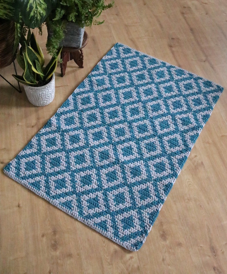 Turquoise and grey bedside rug/ Medium rectangular cotton rug/ Modern Boho style floor covering/ Diamond design runner/ handmade knitted rug image 4