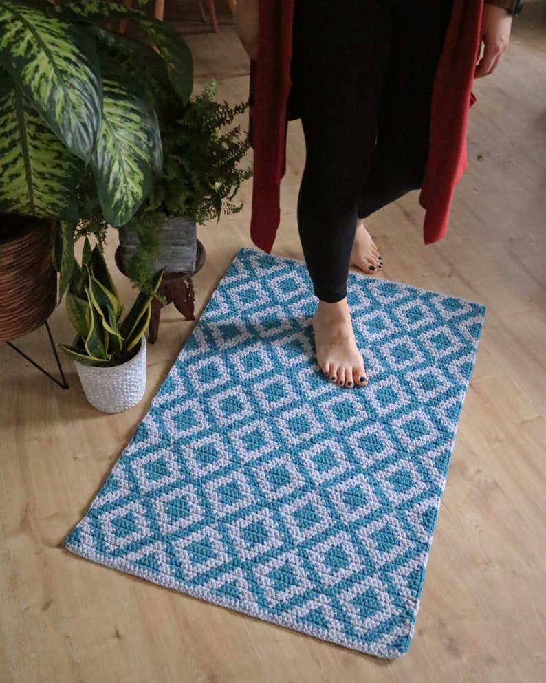 Turquoise and grey bedside rug/ Medium rectangular cotton rug/ Modern Boho style floor covering/ Diamond design runner/ handmade knitted rug image 1
