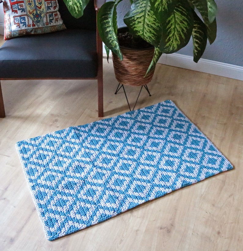 Turquoise and grey bedside rug/ Medium rectangular cotton rug/ Modern Boho style floor covering/ Diamond design runner/ handmade knitted rug image 2