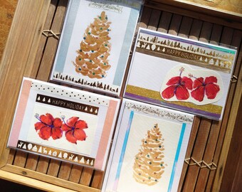 Handmade Christmas/Holiday Greeting Cards (4 Pack) + BONUS 2 Gold Bamboo Cards