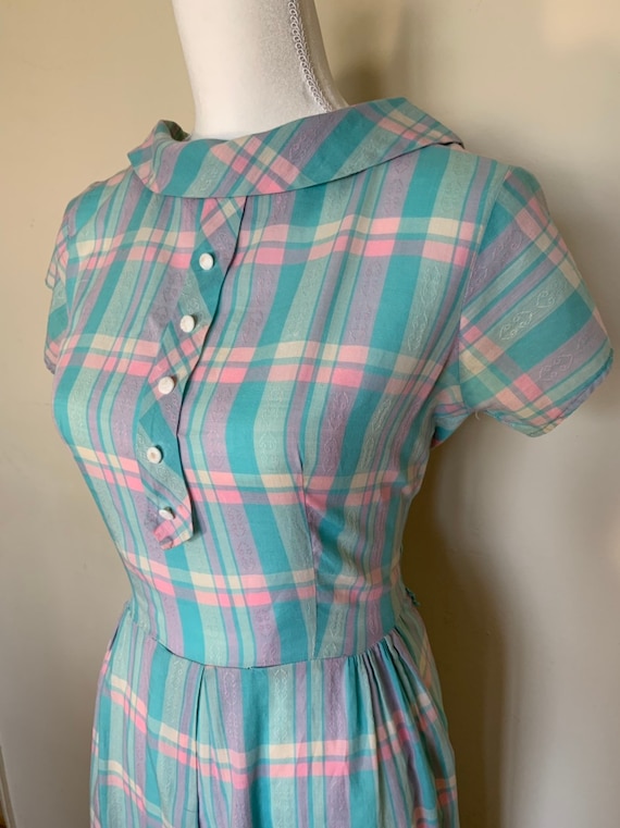 Vintage dress womens 50's pink & blue plaid dress