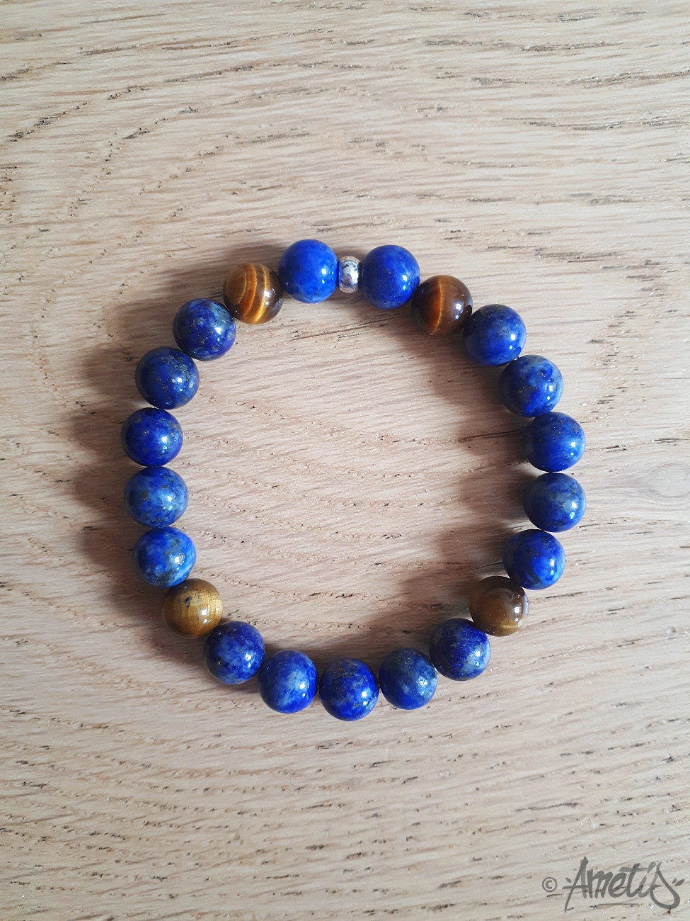 Bracelet Perles Oeil De Tigre Et Lapis Lazuli Avec Laiton - Fait Main, Sur Mesure