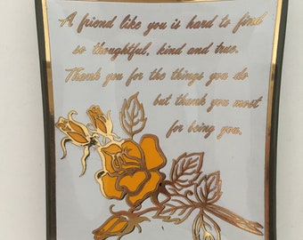 Vide-poches vintage en verre : porte-bijoux citation d'un ami rose orange