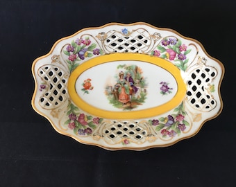 Vintage Schumann Bavaria schaal met netvormig patroon: vrijgezellenfeest, gouden afwerking