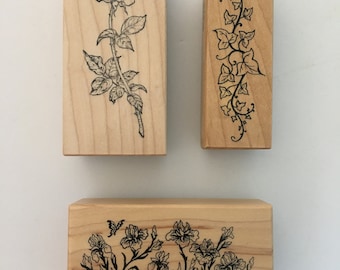 Sello de goma vintage de flores de PSX: Rosa, iris y hiedra (años 80 y 90)