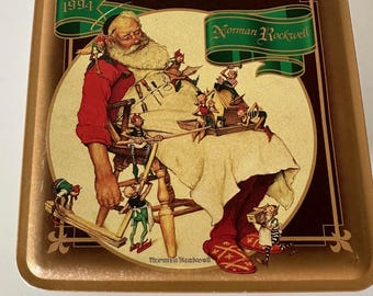 Vintage 1994 Norman Rockwell Christmas Snickers Tin, Santa & Elves,