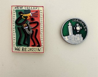 Vintage 1980s Refrigerator Magnets: New Orleans Jazz & Jerusalem Coin