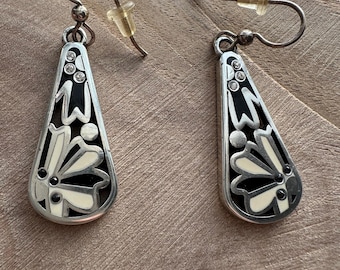 Brighton Silver Tone Drop Earrings With Floral Motif & Rhinestones