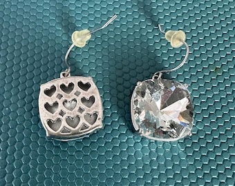 Brighton Silver Drop Earrings with Clear Crystal , Heart Cutout Design on Back