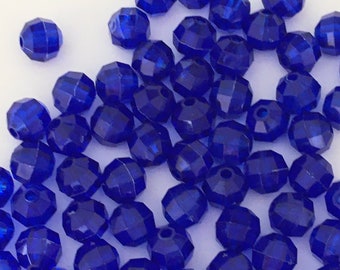 6mm Deep Blue Beads, Acrylic, Faceted Deep Blue Translucent, Loose Beads, Deep Blue Plastic Craft Beads 1970's ~ Pkg of 200 or 100