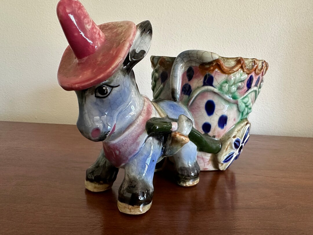 Vintage Donkey Planter, Cute, Colorful Ceramic Planter Donkey W/pink