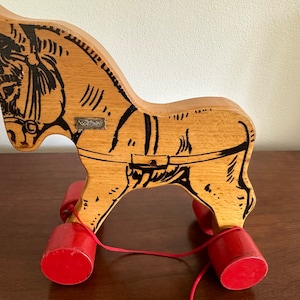 Steiff Vintage Wooden Donkey, Pull Toy, Red Wheels, Wooden Toy, Red String, Cute Toy, Vintage Steiff Rare Wooden Donkey
