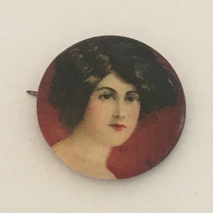 Perfection Cigarettes Advertising Premium Pretty Lady Celluloid Pin Back Button ~ Whitehead & Hoag - Perfection Cigarettes Pin Button